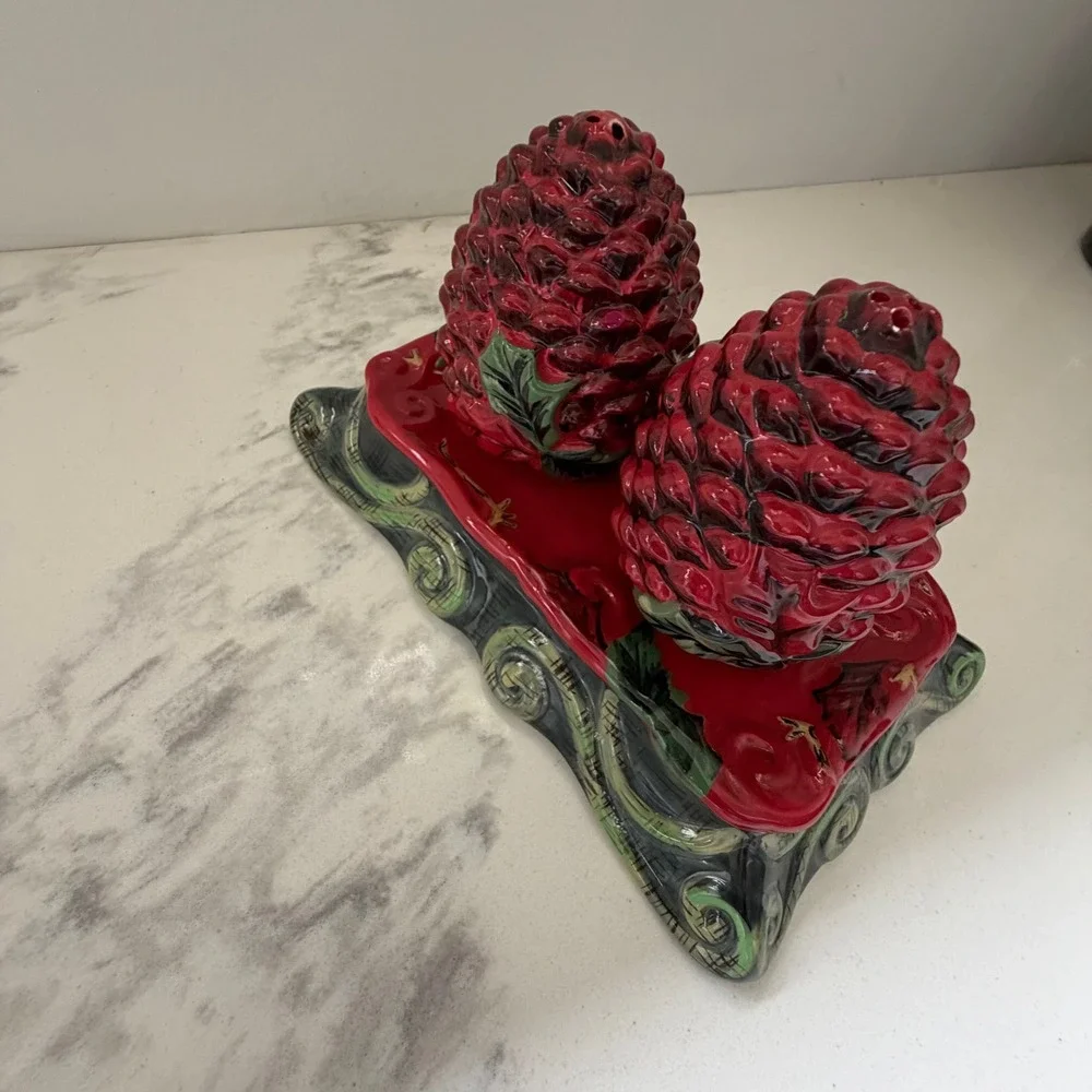Tracy Porter Winter Collection Red Pinecone Salt and Pepper Shakers with Tray